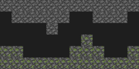 Pixel mine style dungeon level background. Concept of craft game stone pixelated seamless horizontal landscape background with mossy cobblestone. Vector illustration
