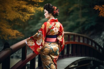 Fototapeta na wymiar A geisha walking across a bridge over a peaceful river in a remote Japanese village, surrounded by lush greenery and blooming flowers.