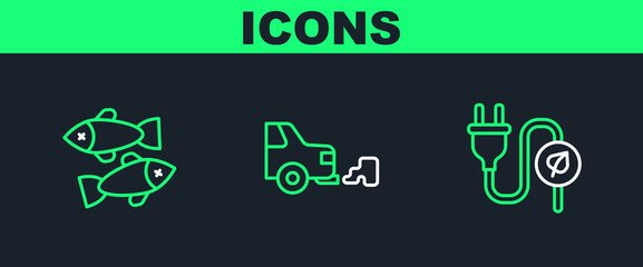 Set line Electric saving plug in leaf, Dead fish and Car exhaust icon. Vector