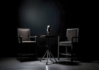 Modern Podcast or Interview Setup with Two Empty Chairs and Microphones