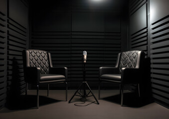 Modern Podcast or Interview Setup with Two Empty Chairs and Microphones