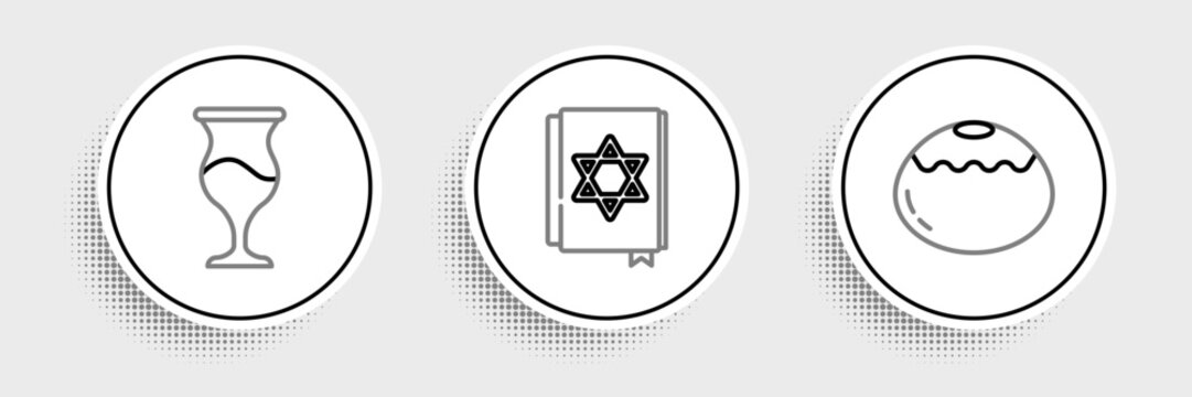 Set line Jewish sweet bakery, goblet and torah book icon. Vector