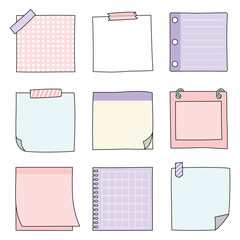 Set of doodle message sticky note papers. Hand drawn vector illustration. White background.