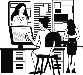 Female entrepreneurs are having online meetings illustration in doodle style