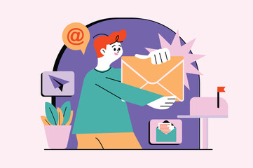 Mail waist high concept with people scene in the flat cartoon design. Guy sends letters on the Internet to his friends. Vector illustration.