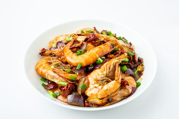 A plate of spicy shrimp on a white background