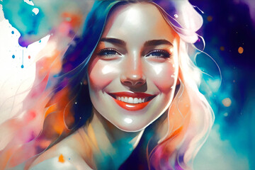 Colorful portrait of a young woman. Generative AI