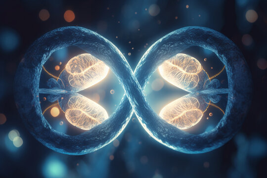 Colorful 3D illustration of microscopic cell division