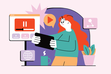 Video watch waist high concept with people scene in the flat cartoon design. Girl watched interesting videos on YouTube. Vector illustration.