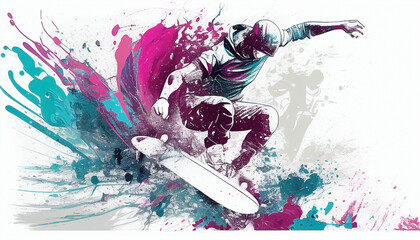 illustration of surfing, the surfer doing a free style and tricks on the wave. AI generated