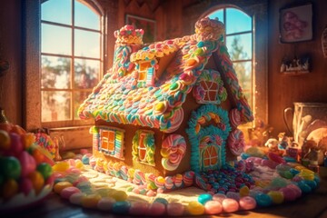 Illustration of a whimsical colourful gingerbread house surrounded by a vibrant candy landscape created with Generative AI technology