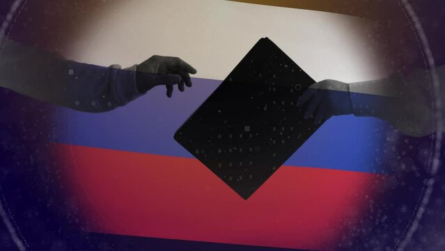 Computer graphics and double exposure. Transfer of documents on the background of the flag of Russia