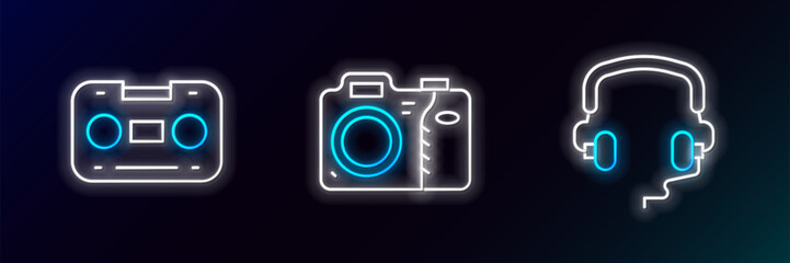 Set line Headphones, Retro audio cassette tape and Photo camera icon. Glowing neon. Vector