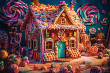 Fototapeta premium Illustration of a whimsical colourful gingerbread house surrounded by a vibrant candy landscape created with Generative AI technology