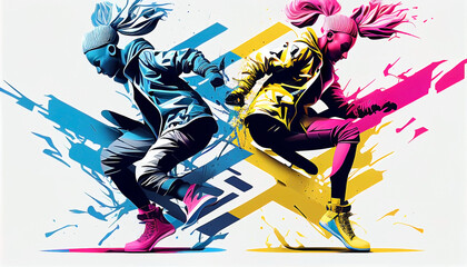illustration of hype beast breakdancers, vector. grunge designs style. splash. pastel colors combination. AI generated
