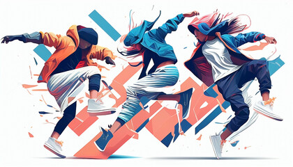 illustration of hype beast breakdancers, vector. grunge designs style. splash. pastel colors combination. AI generated
