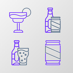 Set line Beer can, bottle and glass, beer and Cocktail icon. Vector