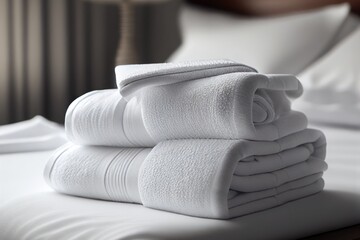 Folded Stack of Fresh Towels On Hotel Room Bed Generative AI