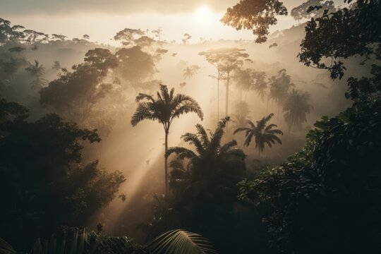 Drone shot of a jungle valley in sunshine, generative AI