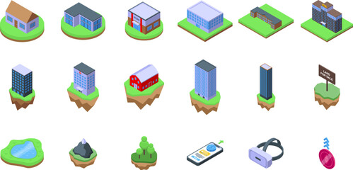 Metaverse land icons set isometric vector. Vr map. Business space