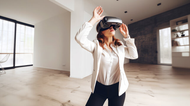 Virtual Estate, A Property Agent Wearing  Virtual Reality Headset, And Viewing A Virtual Tour Of A Property , Ai Generative