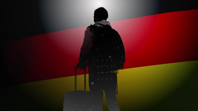 Computer graphics and double exposure. A tourist with a backpack and a suitcase against the background of a waving flag of Germany. Refugee