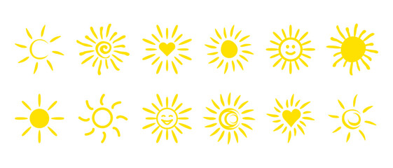 Sun icon set. Yellow sun vector illustration isolated on white background.
