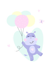 Cute hippo flying on  balloons.  Kids print. Vector Illustration