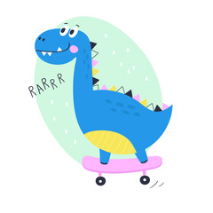 Fototapeta premium Cute cartoon dino rides on skateboard. Kids print. Vector Illustration