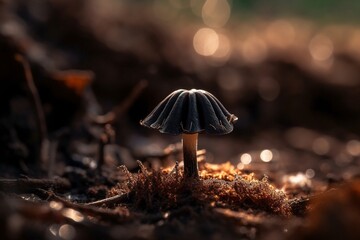 Fototapeta na wymiar Black Trumpet Mushroom Emerging from Soil, Fragile Cap in Focus, Rich Dark Soil, Generative AI