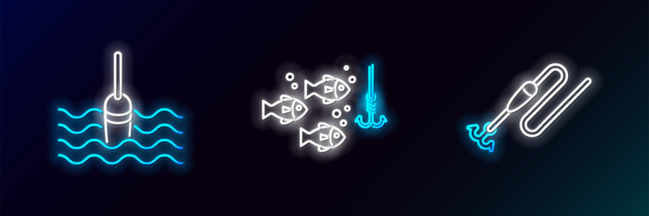 Set line Fishing line with hook and float, water and under fish icon. Glowing neon. Vector © Oksana