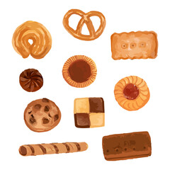 Assorted Cookies Isolated on White Background. Hand Drawn Watercolor Vector Illustration