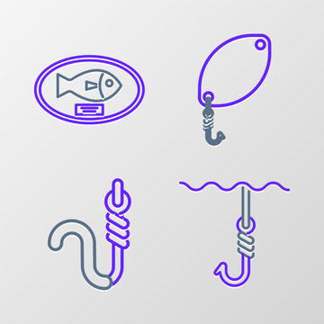 Set line Fishing hook under water, and worm, spoon and trophy hanging the board icon. Vector