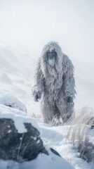 Mythical creature Yeti captured during blizzard in the mountains. Gen AI