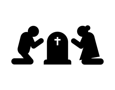 Parents at child's grave. Funeral and deceased. concept of sadness and suffering