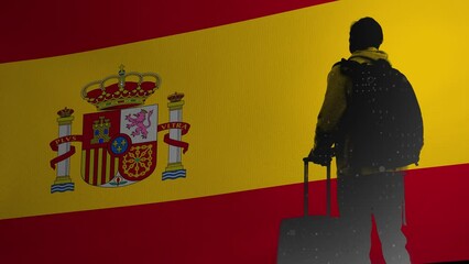 Computer graphics and double exposure. Tourist or expatriate with a backpack and a suitcase against the background of the waving flag of Spain. Refugee. Separatism
