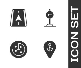 Set Location with anchor, City map navigation, Radar targets monitor and Traffic sign turn left icon. Vector