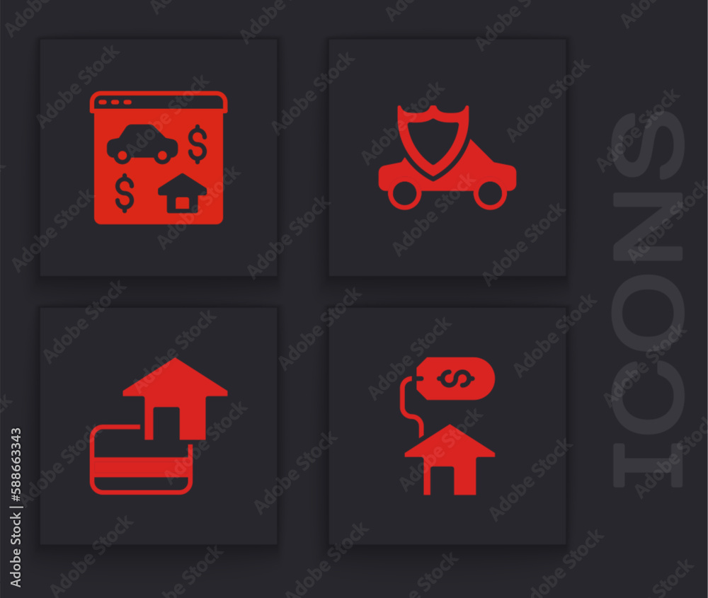 Sticker Set House with dollar, Online real estate, Car shield and Credit card icon. Vector