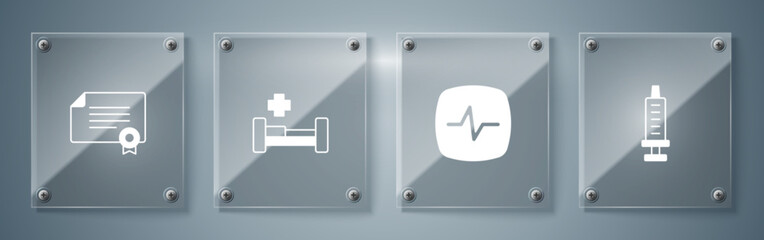 Set Syringe, Heart rate, Hospital bed and Certificate template. Square glass panels. Vector