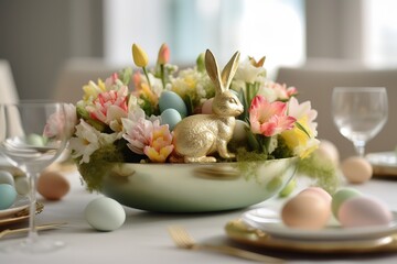 Easter day celebration, decoration, easter eggs, rabbit, generative AI,