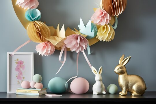 Easter day celebration, decoration, easter eggs, rabbit, generative AI,