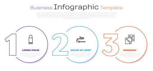 Set line Bullet, Smoking pipe and Game dice. Business infographic template. Vector