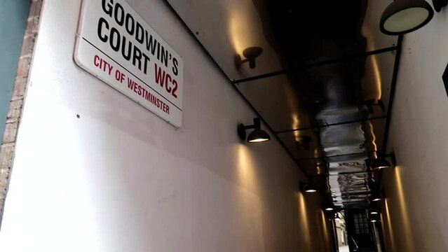 Goodwin's Court in Westminster borough with zip code WC2. Panning shot
