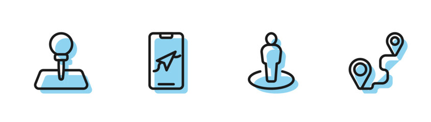 Set line Location with person, Push pin, City map navigation and Route location icon. Vector