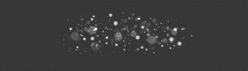 White Snow Falling on Isolated Black Background, Shot of Flying Snowflakes Bokeh.