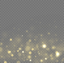 Golden dust light png. Christmas glowing bokeh confetti and sparkle overlay texture for your design. Yellow dust, sparks, stars shine with a special lights. Gold particles abstract vector background. - obrazy, fototapety, plakaty
