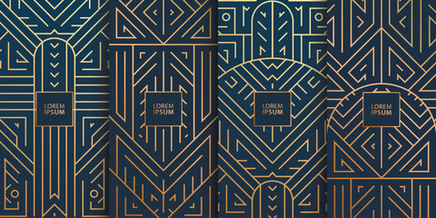 Vector set of line design in trendy vintage style, abstract art deco geometric frames, luxury package templates with leaves. Use for wedding invitation, chocolate, wine, cover, card, print, poster.
