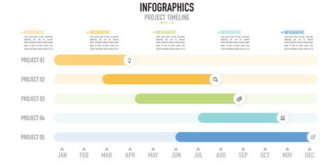 Project timeline infographic for business planner as vector with 5 projects and colorful level bar and icons, 12 months for annually or yearly, for slide or presentation, modern, minimal, gantt charts