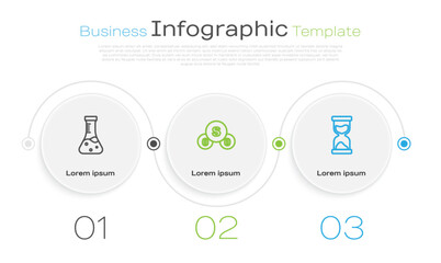 Set line Test tube, Sulfur dioxide SO2 and Old hourglass. Business infographic template. Vector