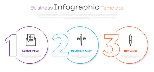 Set line Subpoena, Scales of justice and Pen. Business infographic template. Vector